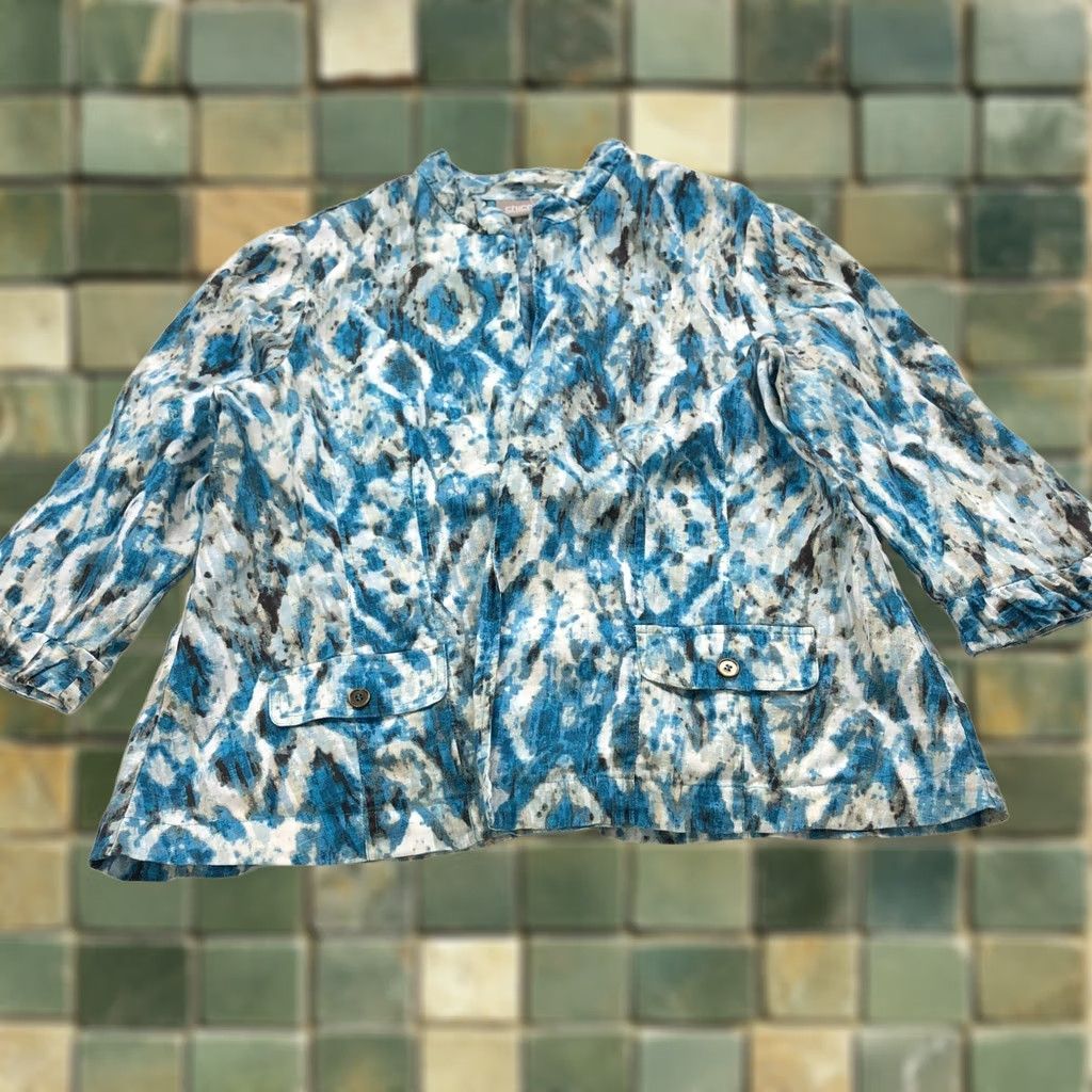 Vintage Chico's Cardigan Womens 3 Blue Linen Open Front All Over Print 100% MINT Size XS / US 0-2 / IT 36-38 - 1 Thumbnail
