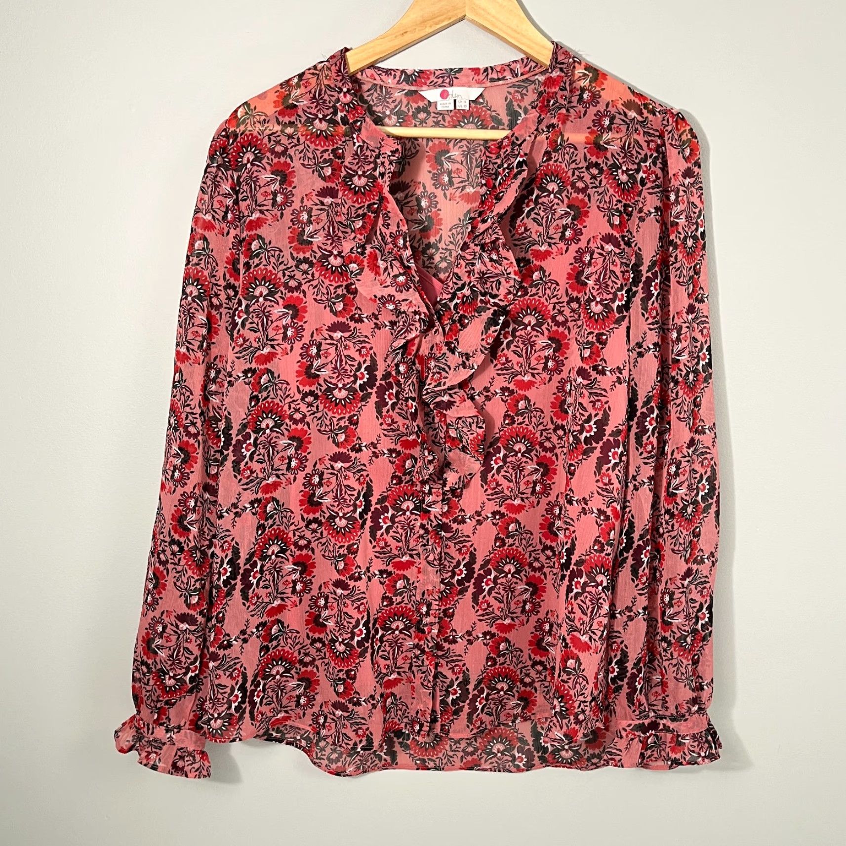Boden VINTAGE Boden Blouse W/ Tank Top Womens UK 14 / US 10 Pink Red Floral Sheer Ruffle Boho Size L / US 10 / IT 46 - 2 Thumbnail