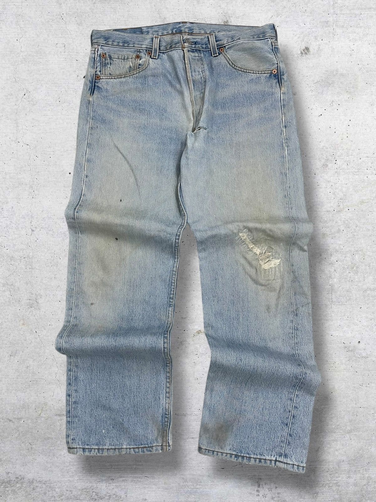 VINTAGE 501 LEVIS USA DESIGNER 90S OG RIPPED MUDWASH DENIM