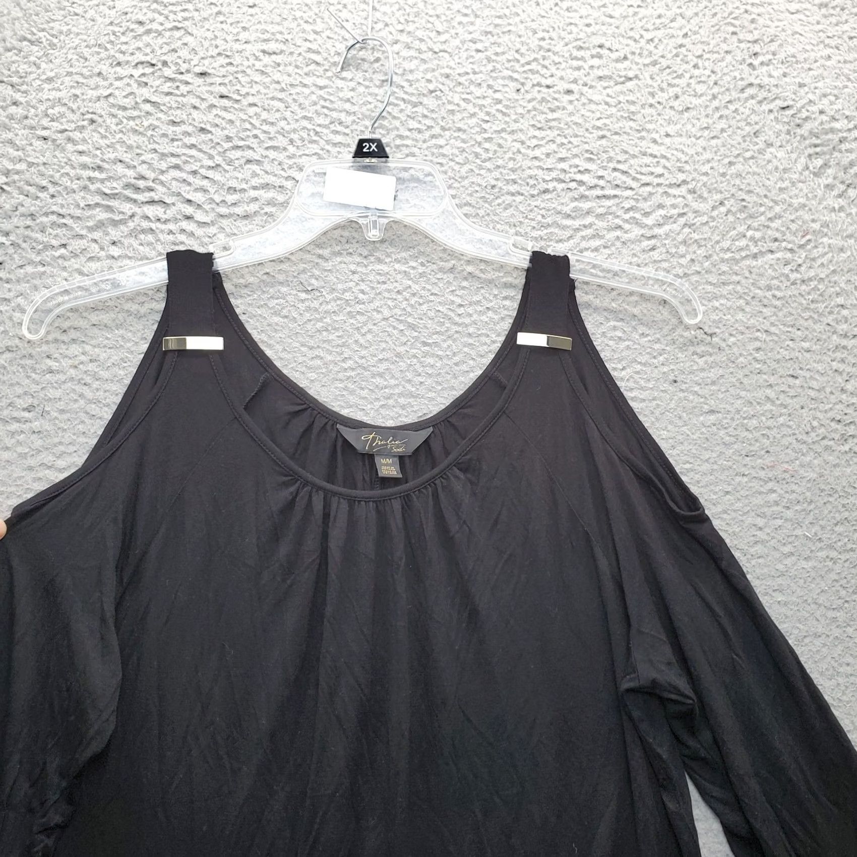 Vintage Thalia Sodi Blouse Top Womens Medium Black Rayon Stretch Cold Shoulder Sleeve Size M / US 6-8 / IT 42-44 - 4 Thumbnail