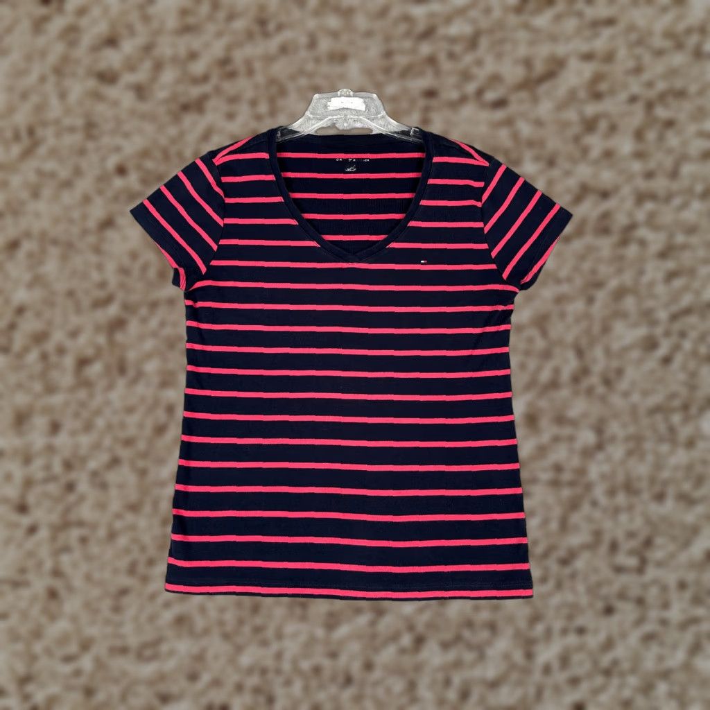 Tommy Hilfiger VINTAGE Tommy Hilfiger T-Shirt Juniors XL Pink Blue Stripe Short Sleeve Cotton V-Neck Casual All Seasons Women Size XL / US 12-14 / IT 48-50 - 1 Thumbnail