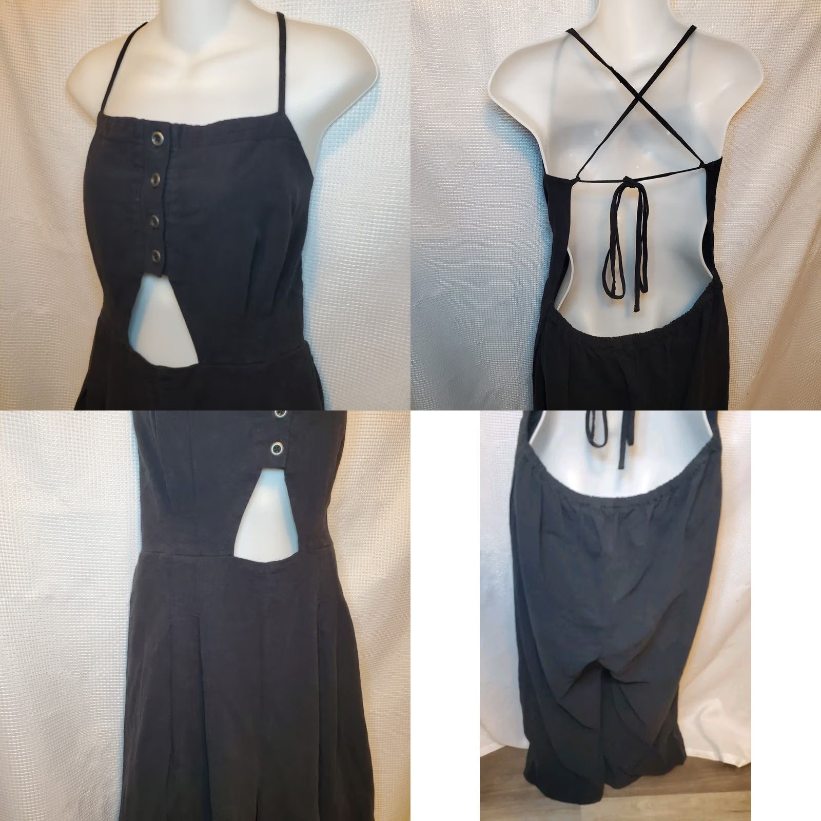 Free People VINTAGE? No — Free People Marbella Black Linen Wide Leg Jumpsuit L Womens Bohemian Beach Festival Summer Size 36" / US 14 / IT 50 - 8 Thumbnail