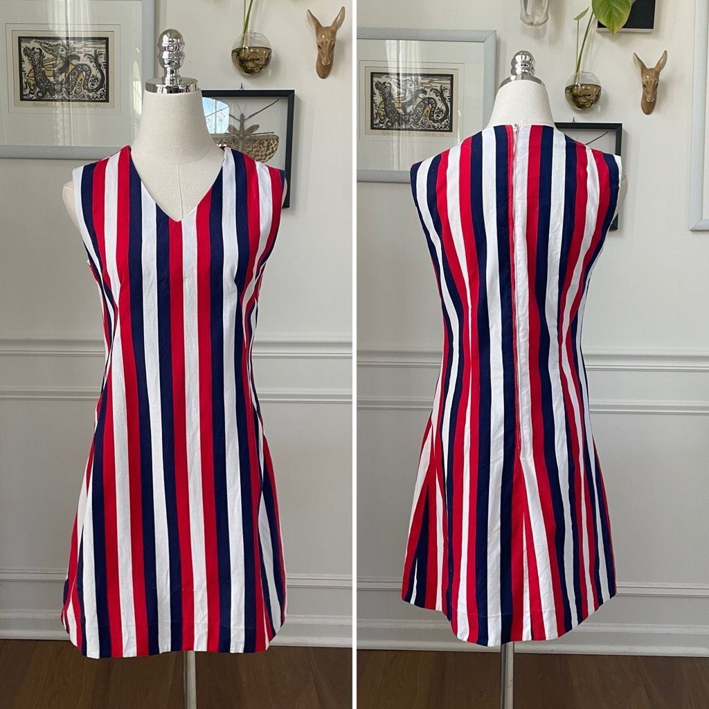 Vintage Vintage 60s Mod Stripe GoGo Mini Dress Red Blue S Size S / US 4 / IT 40 - 1 Thumbnail