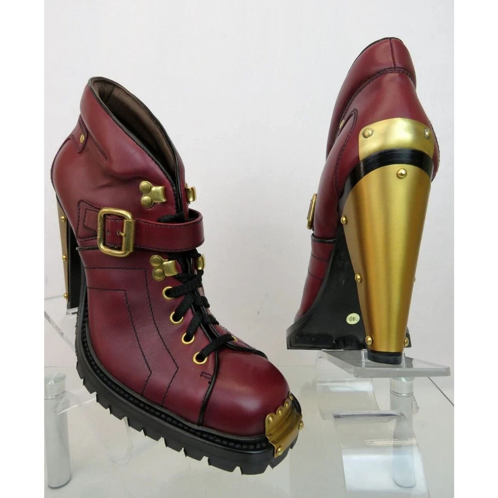 Prada MIU MIU PRADA BURGUNDY LEATHER METAL BELTED ANKLE BOOTS 39 Size US 9 / IT 39 - 6 Thumbnail