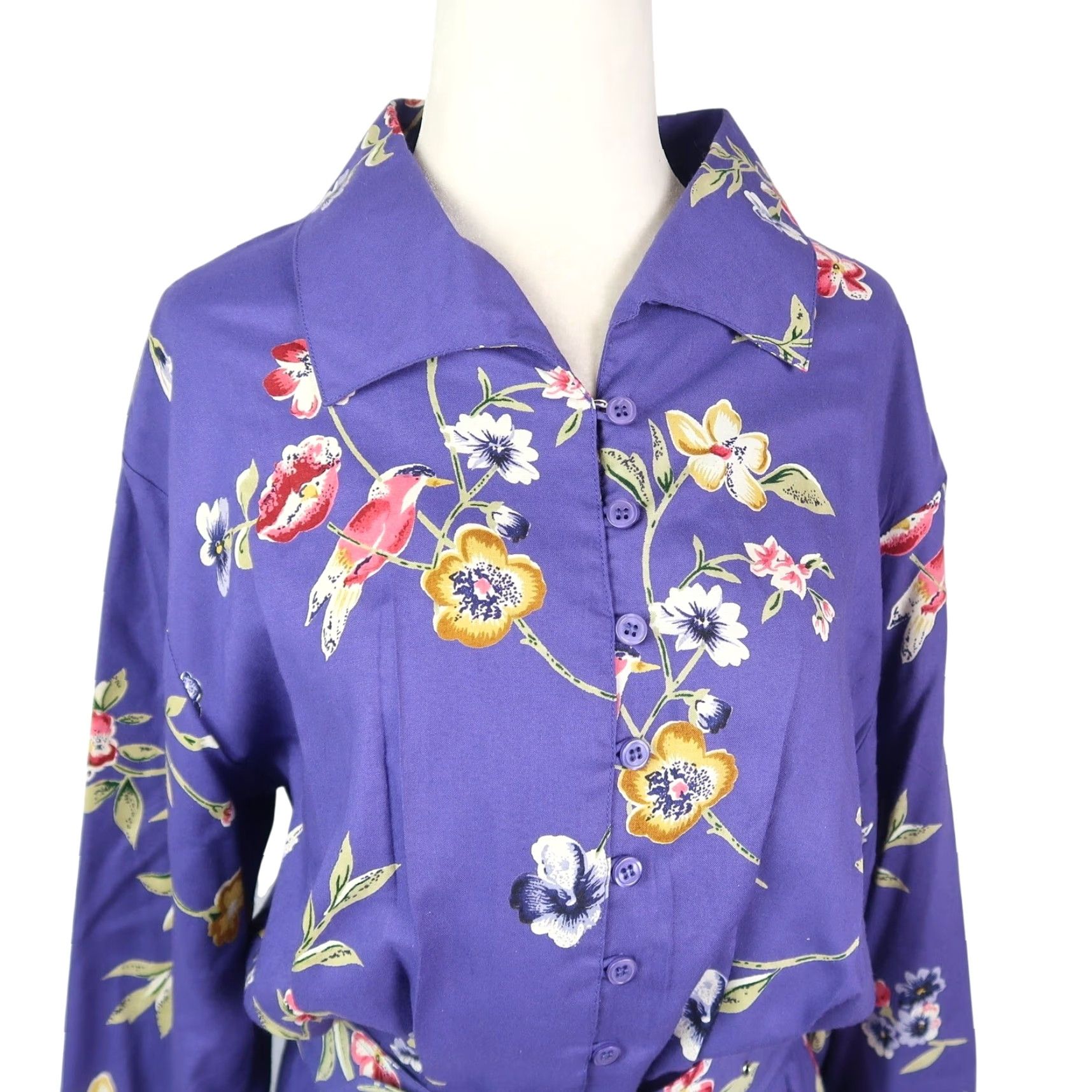 Vintage VINTAGE Together! Purple Floral Bird Print Maxi Shirt Dress 8 Ladies 90s 80s Long Sleeve Button Front Belt Workwear Casual Floral Size M / US 6-8 / IT 42-44 - 2 Thumbnail