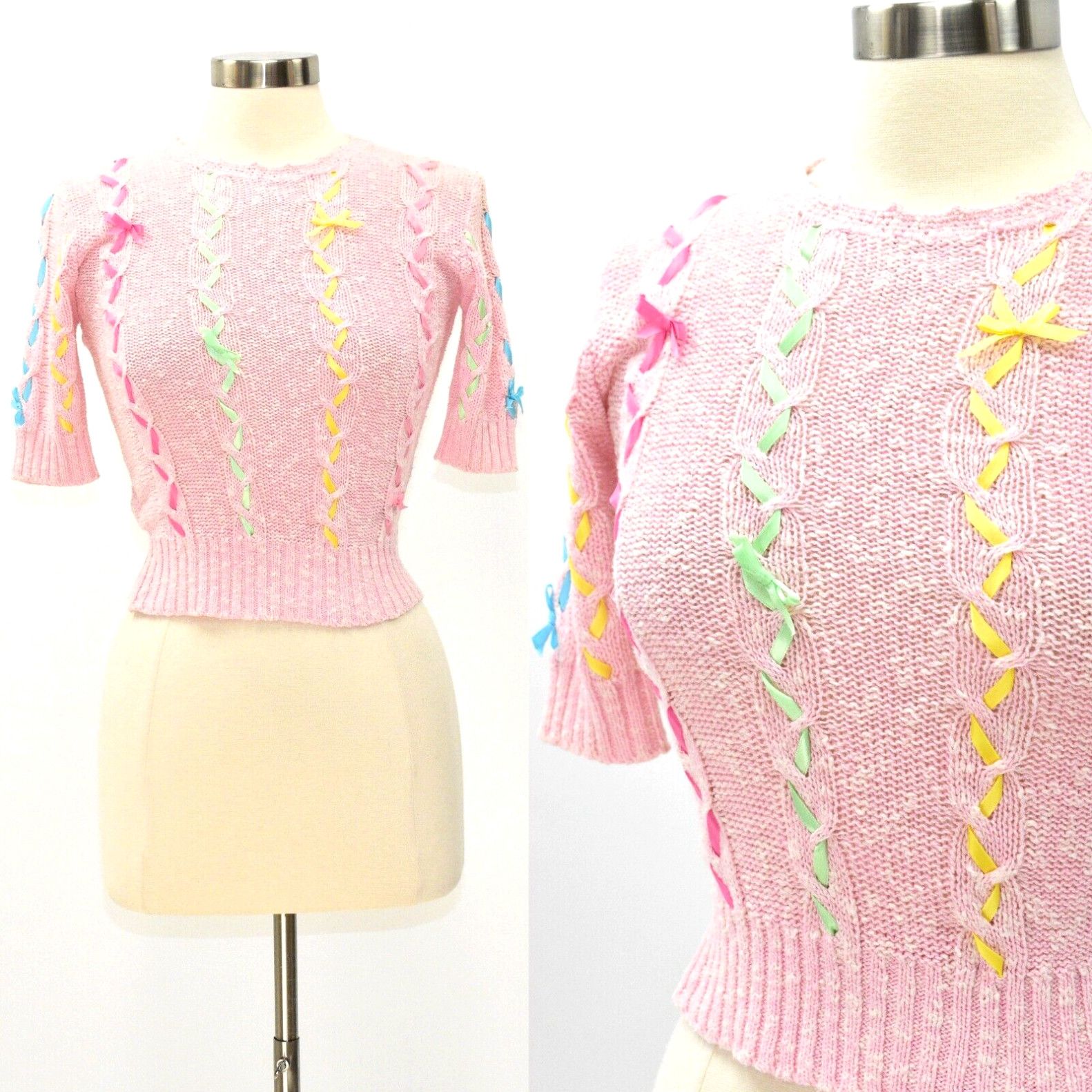 image of Pinko 70's Vintage Pink Knit Top Ribbons & Bows Womens Xs Living Doll Fashion Hewlitt in White