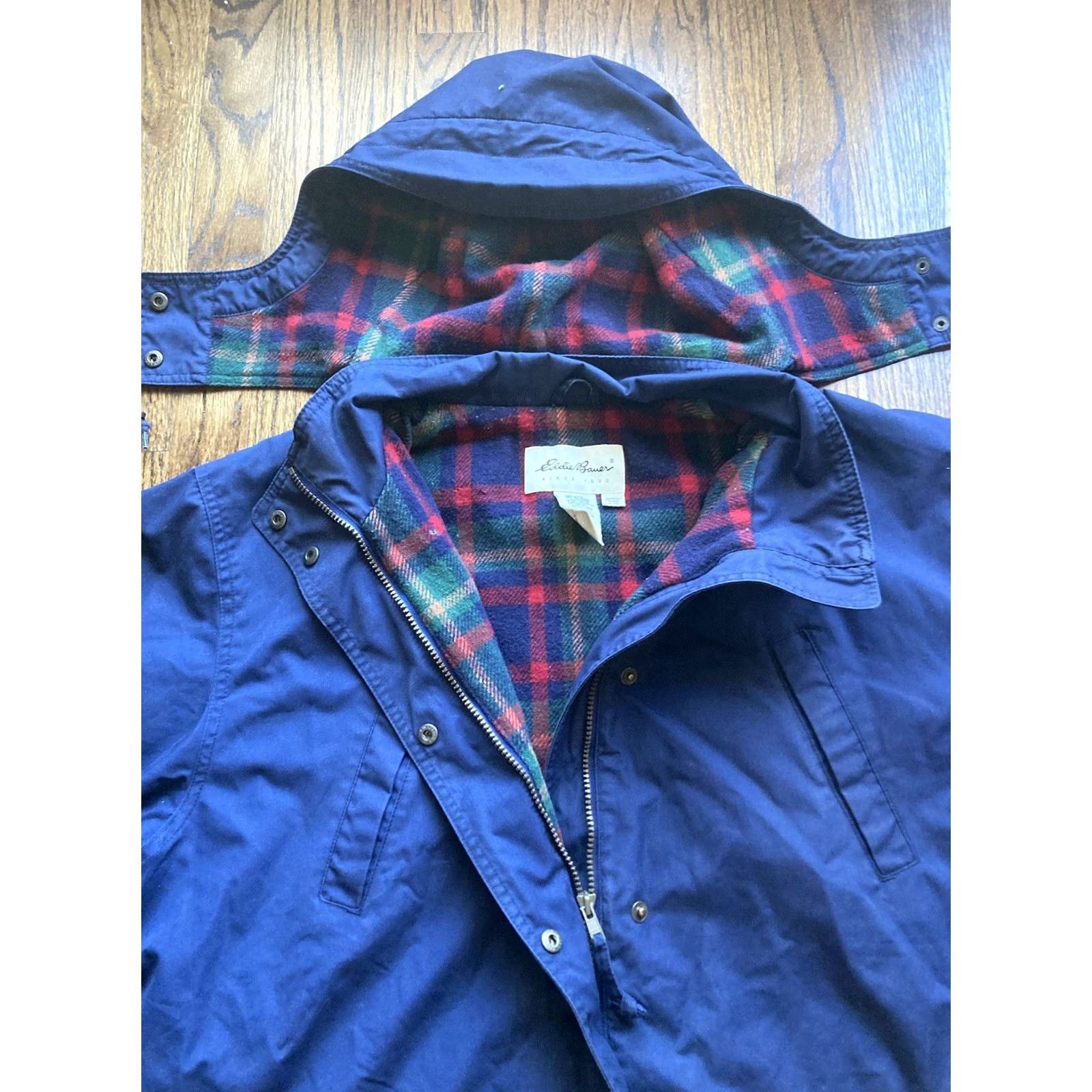 Eddie Bauer VINTAGE Eddie Bauer Hooded Barn Jacket Womens Large Navy Blue Wool Lined Chore Coat Size L / US 10 / IT 46 - 4 Thumbnail