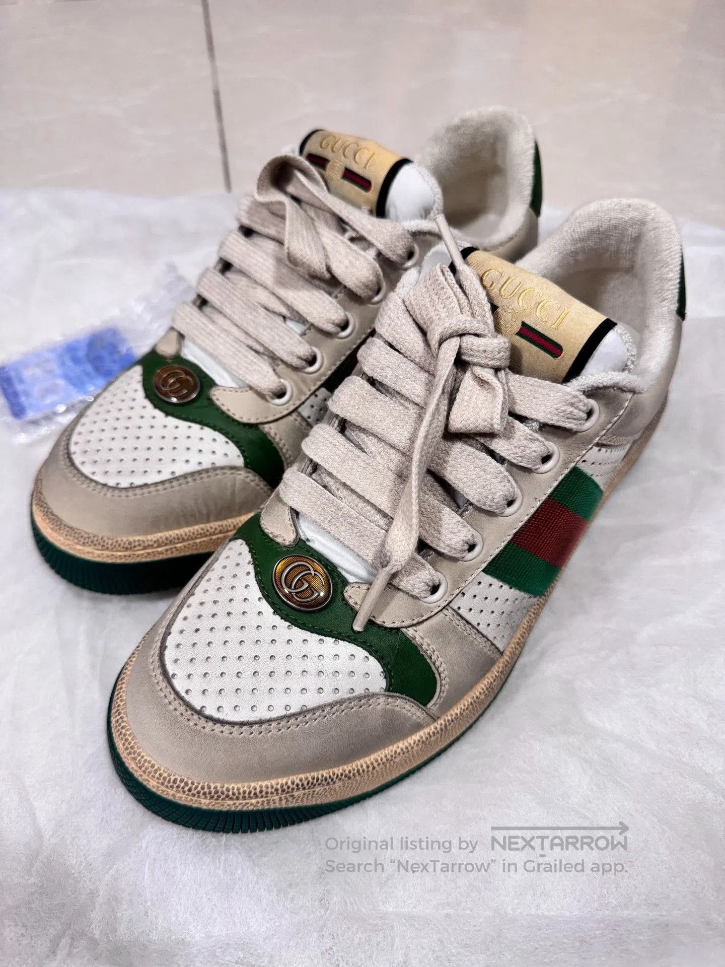 Gucci Gucci Cream Green Distressed Leather Sneakers. Size US 5.5 / IT 35.5 - 3 Thumbnail