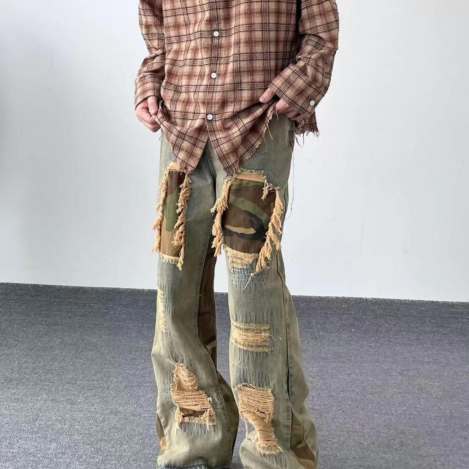 Jean Camo Patch Flare Jeans – Yellow Mud, Retro Loose Fit Size US 33 - 2 Thumbnail