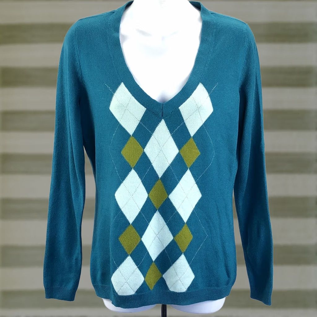 CO VINTAGE NYC Sweater Teal Argyle V-Neck Long Sleeve Pullover 90s Y2K Preppy Womens M Size M / US 6-8 / IT 42-44 - 1 Thumbnail