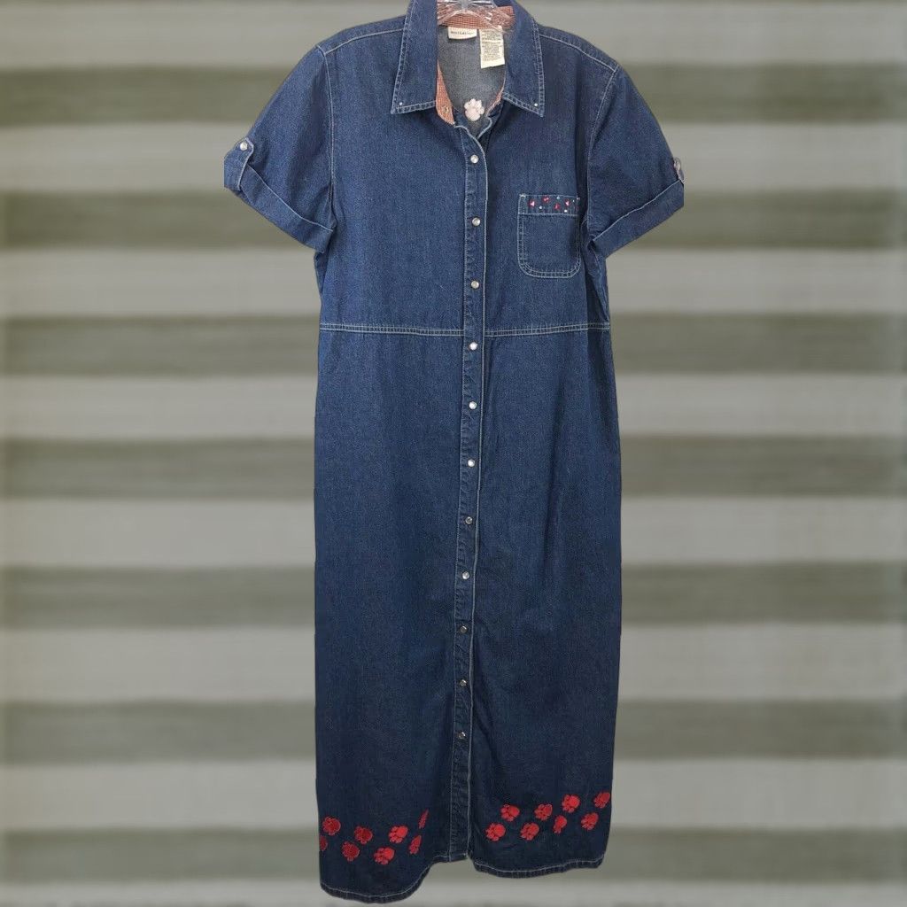 Vintage VINTAGE White Stag Maxi Denim Dress L Blue Jean Beads Dog Mom Puppy Paws Embroidered SnapUp Size 36" / US 14 / IT 50 - 1 Thumbnail