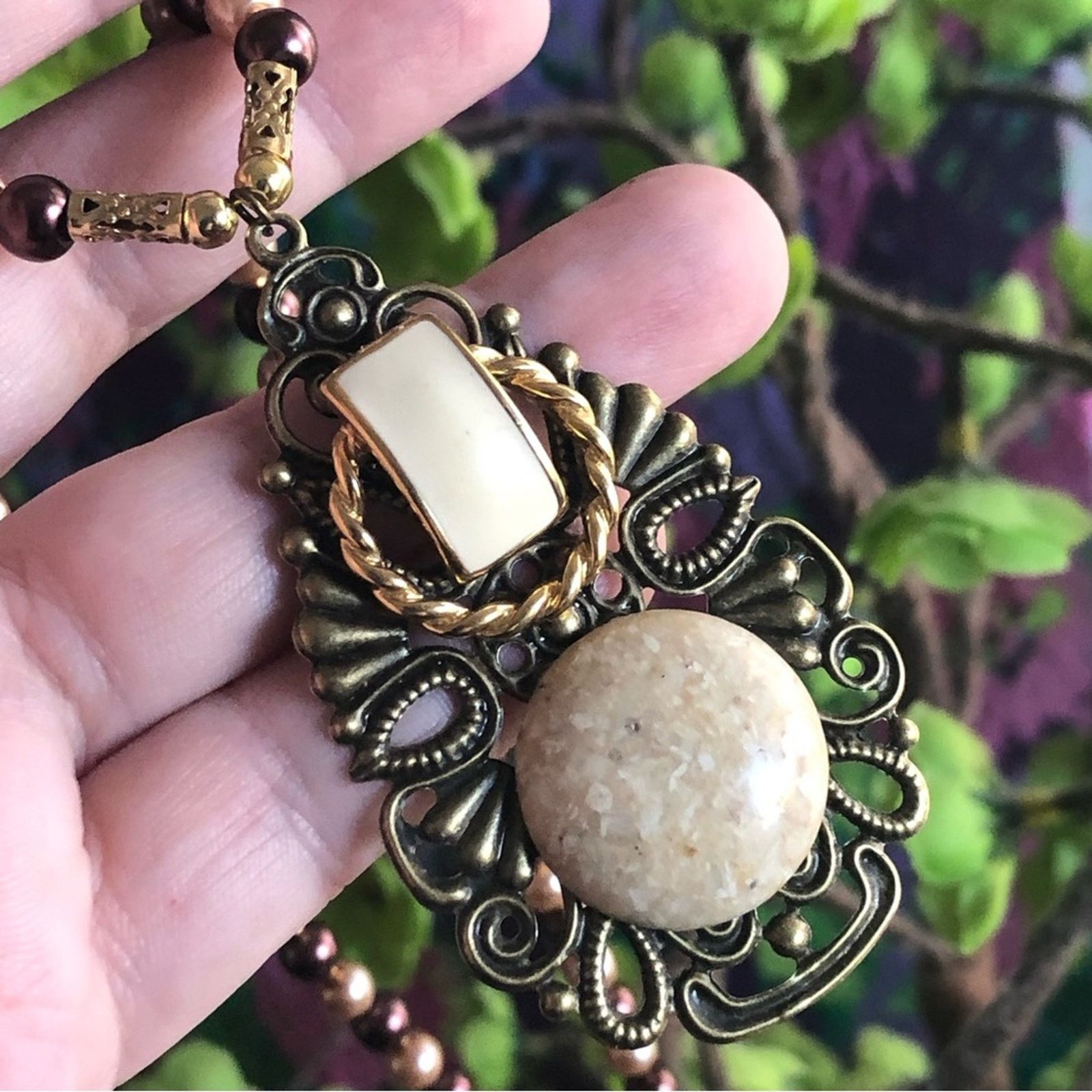 Handmade Handcrafted repurpose filigree pendant Czech Pearl necklace Size ONE SIZE - 2 Thumbnail