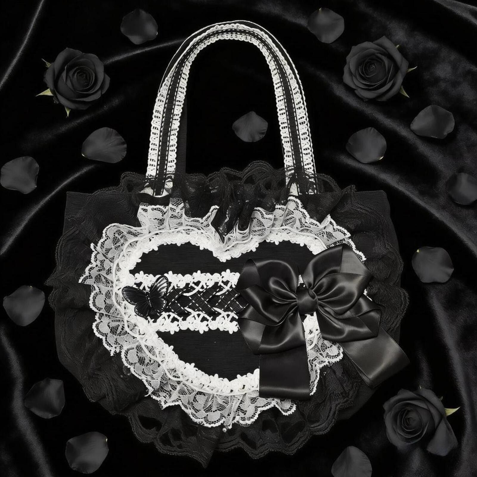 Other Black & White Lace Heart Lolita Tote Bag | Gothic Handbag Size ONE SIZE - 5 Thumbnail