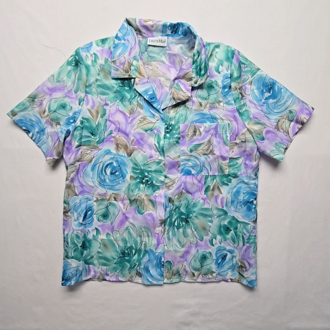 Vintage Vintage Laura Mae Floral Blue Short Sleeve Womens XL Shirt Size XL / US 12-14 / IT 48-50 - 1 Thumbnail
