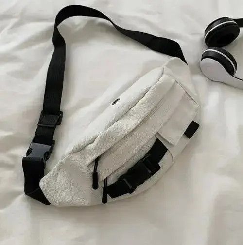 Waist Shoulder Bag Casual Canvas Harajuku Fanny Pack in White, Men's