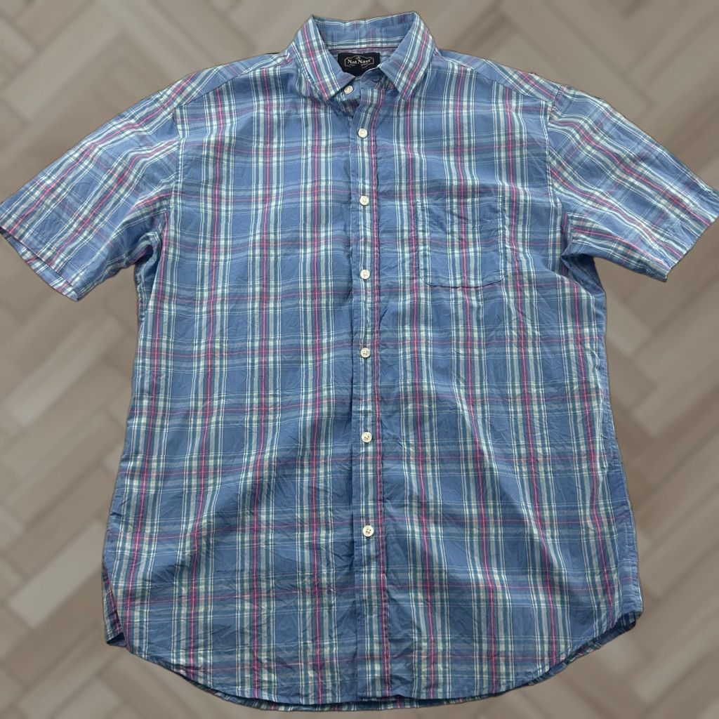 Nat Nast Nat Nast Cotton Short Sleeve Plaid Button Front Shirt XL Blue Mens Shirt Size US XL / EU 56 / 4 - 1 Thumbnail