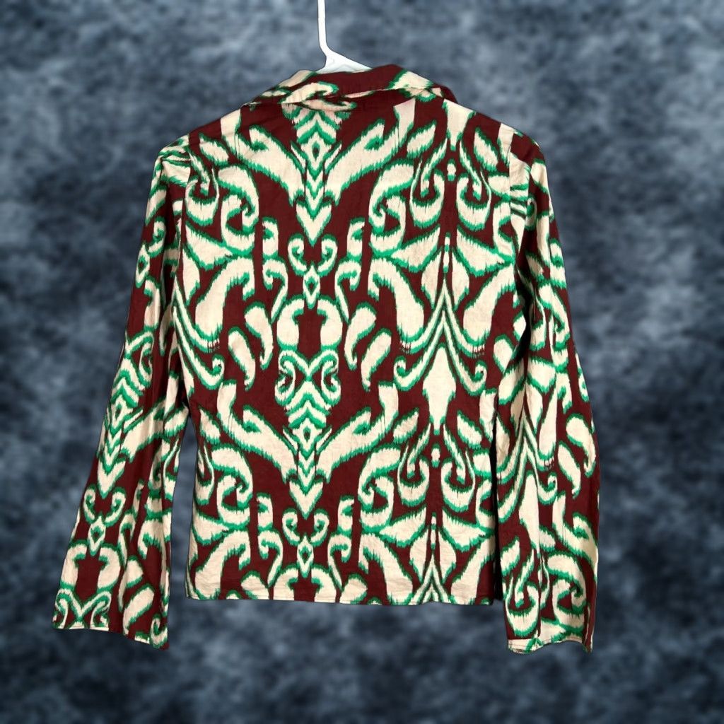 Zara Zara Blouse Womens XS Ikat Print Tie-Front 100% Cotton Long Sleeve Multicolor Size XS / US 0-2 / IT 36-38 - 1 Thumbnail