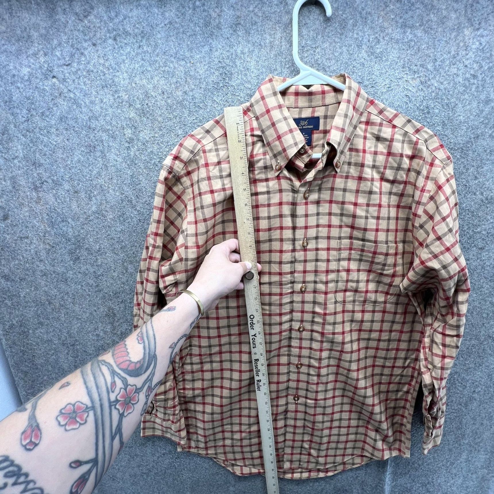 Brooks Brothers Brooks Brothers Dress Shirt Mens Small Beige Plaid Non Iron 346 Button-Down Short Sleeve? Size 36R - 2 Thumbnail