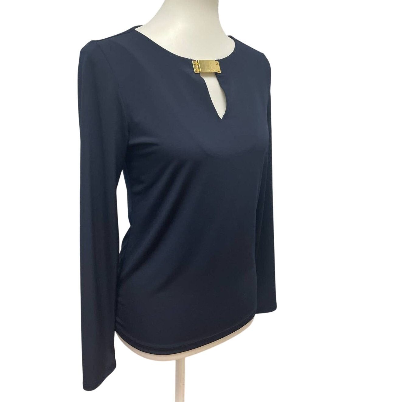 Michael Kors Michael Kors Small Navy Keyhole Gold Charm V-Neck Blouse Size S / US 4 / IT 40 - 1 Thumbnail