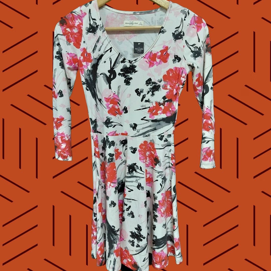 Abercrombie & Fitch Abercrombie & Fitch Floral Dress White Pink Long Sleeve Scoop Neck S Women A-Line Short Dress Size S / US 4 / IT 40 - 1 Thumbnail