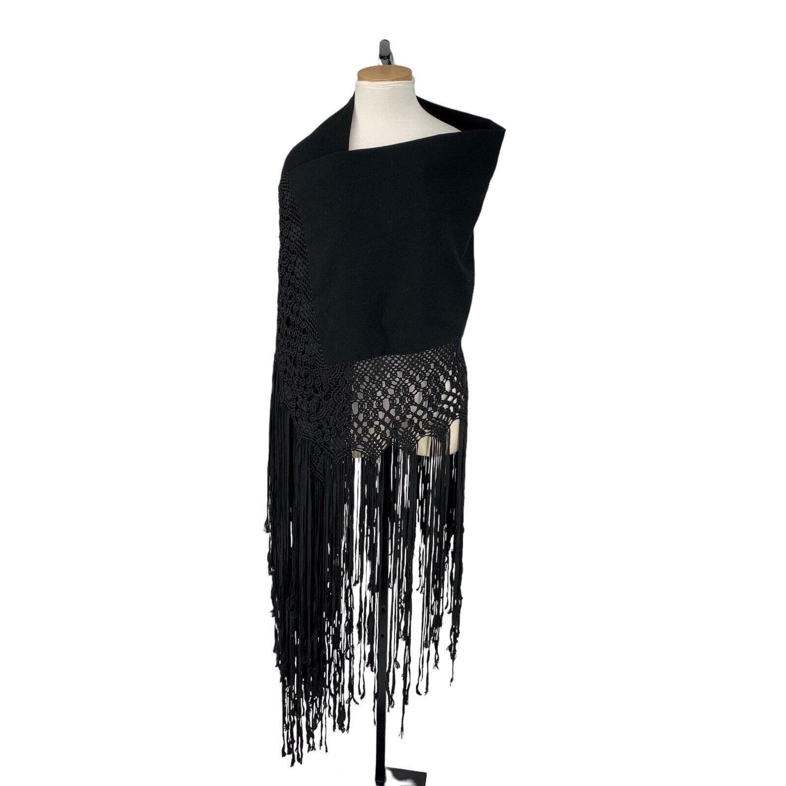 image of Vintage 20’S Wool And Silk Ribbon Macrame Fringe Wrap Black, Women's