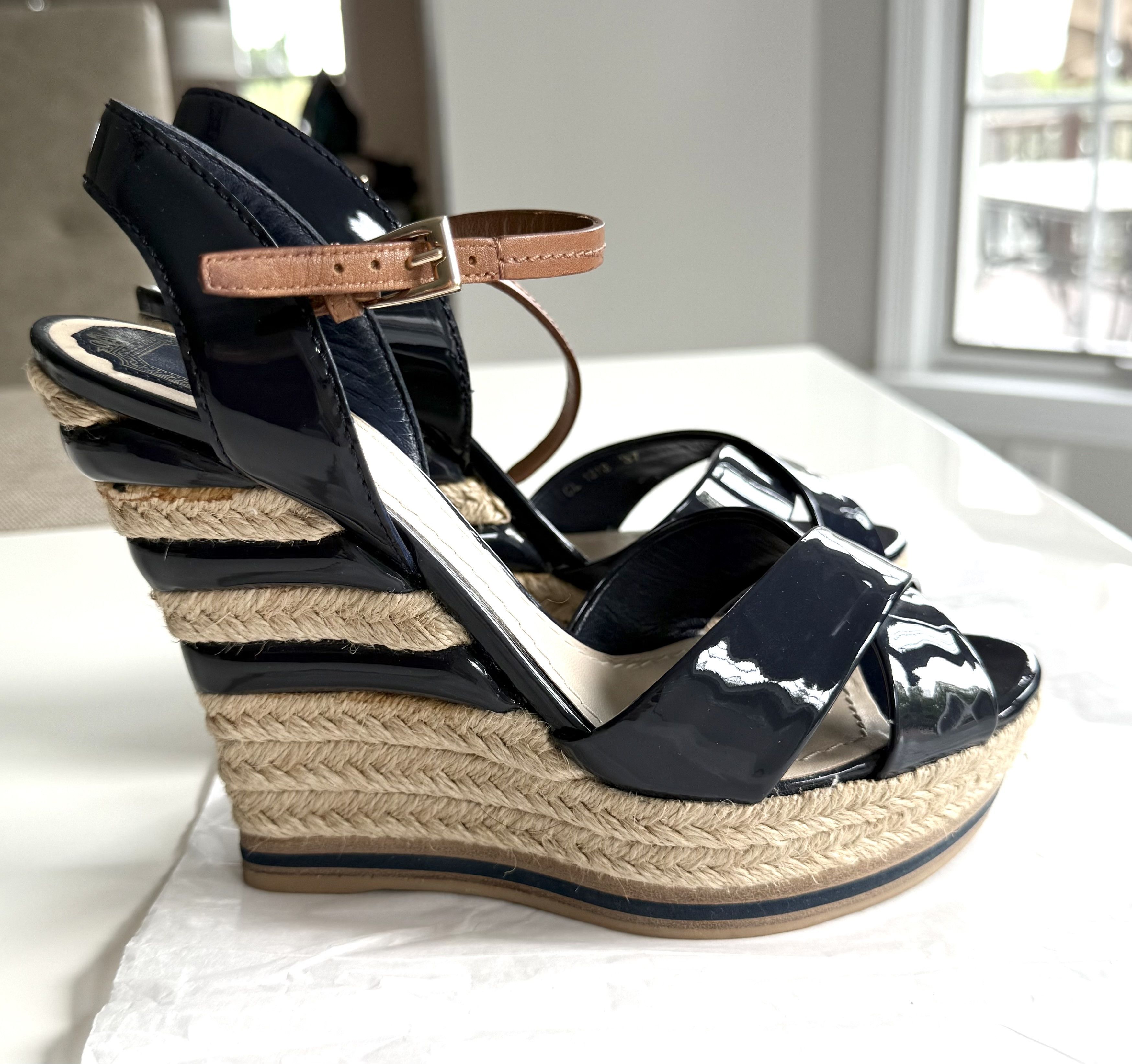 Christian Dior Monsieur Christian Dior Espadrille Wedge Sandals Navy Patent Leather Size US 7 / IT 37 - 1 Thumbnail