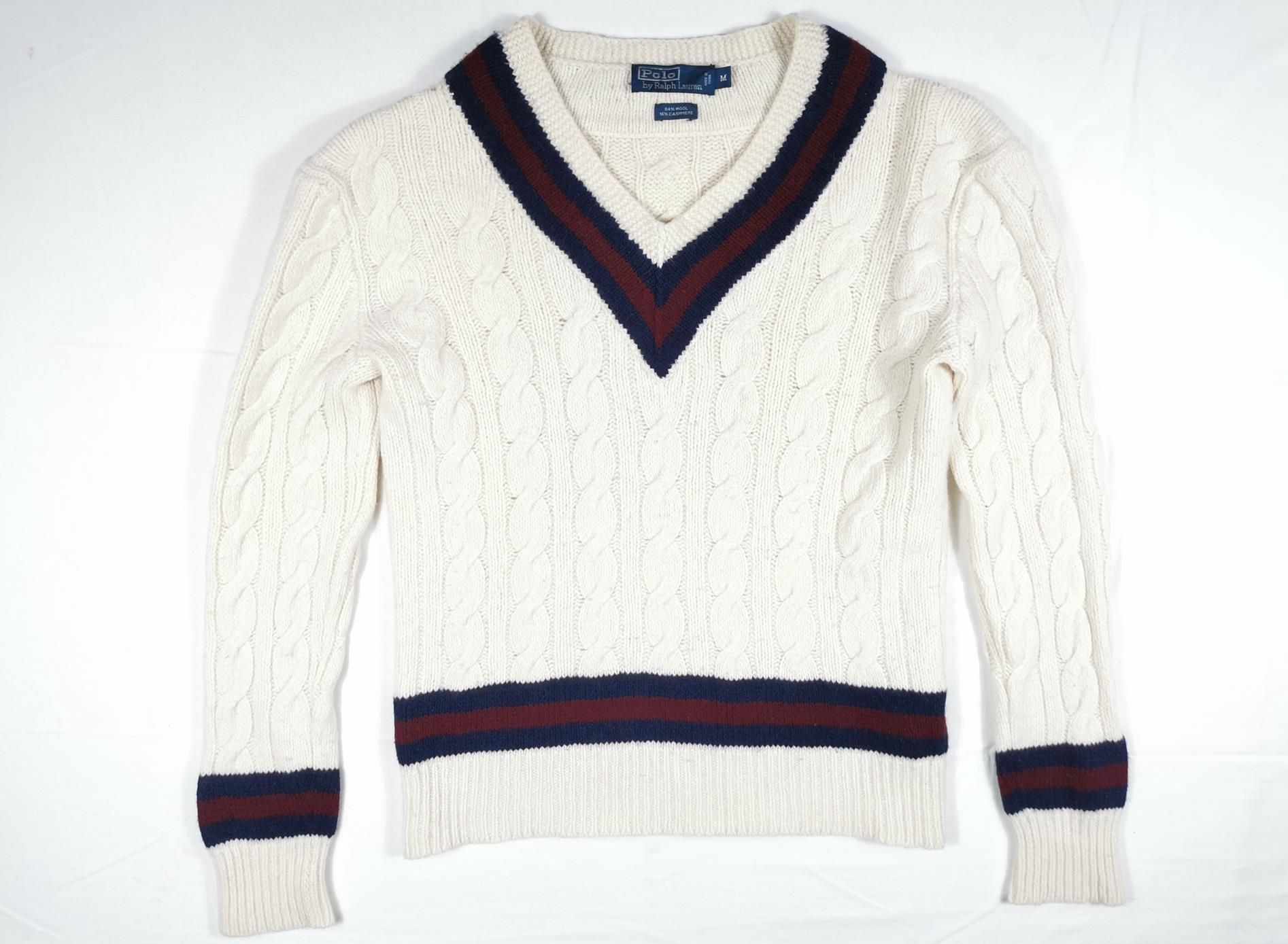 image of Polo Ralph Laurent Sweater Jumper Cable Knit Cricket Wool M in White, Men's (Size Medium)