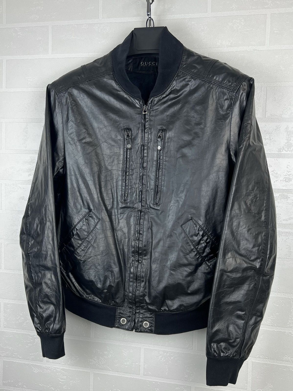 GUCCI Jacket Leather Bomber Hand Logo Web Stripe Black Men's