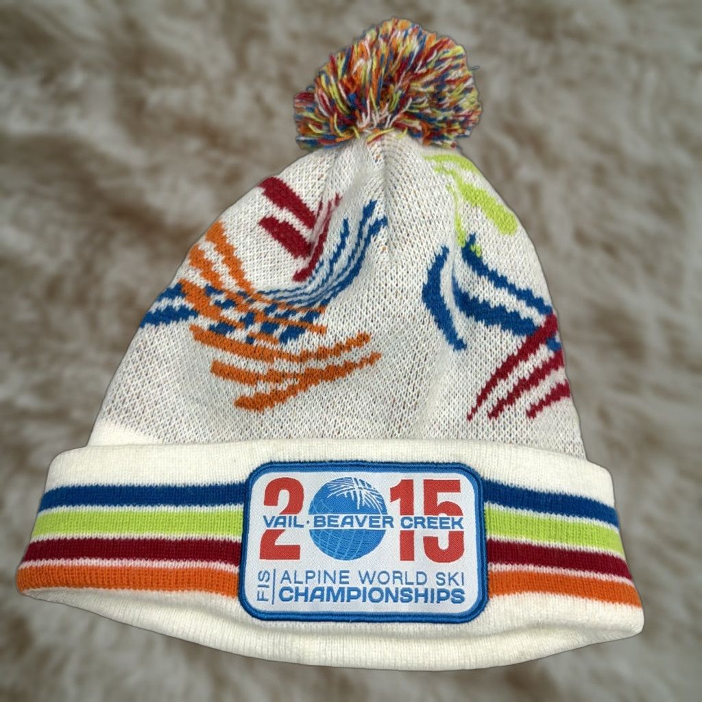 Vintage Vail Beaver Creek 2015 Alpine Ski Knit Hat Beanie White Blue Pom Pom One Size Unisex Adults Knit Striped Cotton Blend Winter Size ONE SIZE - 1 Thumbnail