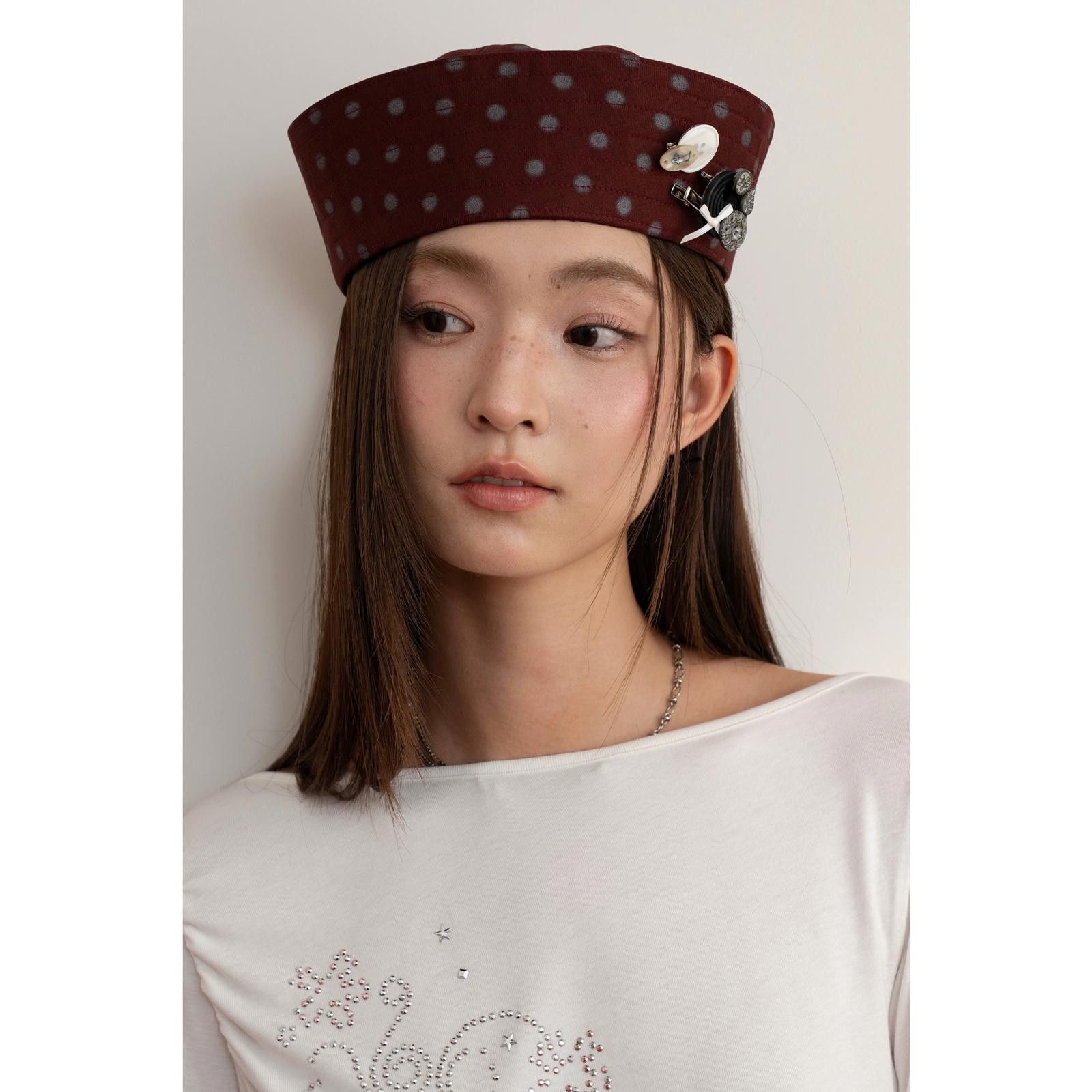 Japanese Brand Y2k Retro Burgundy Polka Dot Sailor Hat Y2K French Girl Size ONE SIZE - 4 Thumbnail