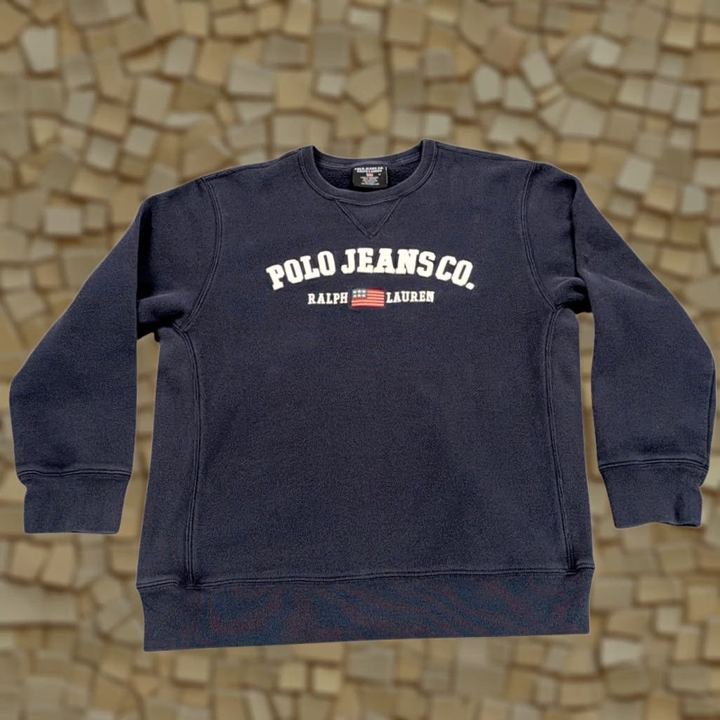 Polo Ralph Lauren VINTAGE Polo Jeans Co. Ralph Lauren Sweater Shirt Adult MEDIUM Blue 90s Embroidered Flag Pullover (Crew Neck) Mens Size US M / EU 48-50 / 2 - 1 Thumbnail