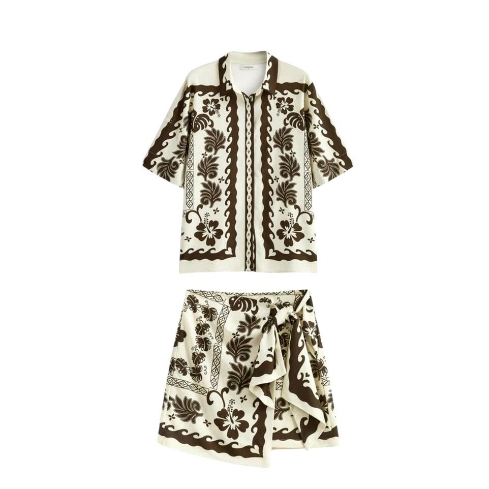 Other Commense Brown Tropical Plant Print Vacation Wrap Skirt Set Size 27" / US 4 / IT 40 - 1 Thumbnail