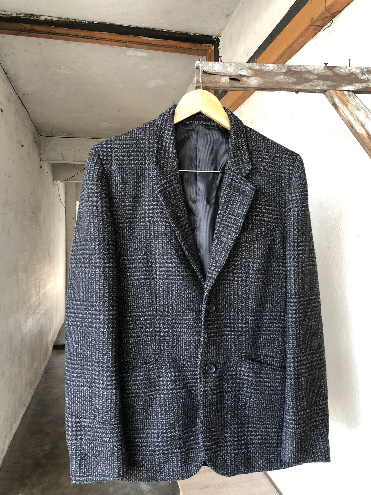 Japanese Brand Vtg Uniqlo Tweed Gingham Dark Grey Single Breasted Blazer Size US L / EU 52-54 / 3 - 4 Thumbnail