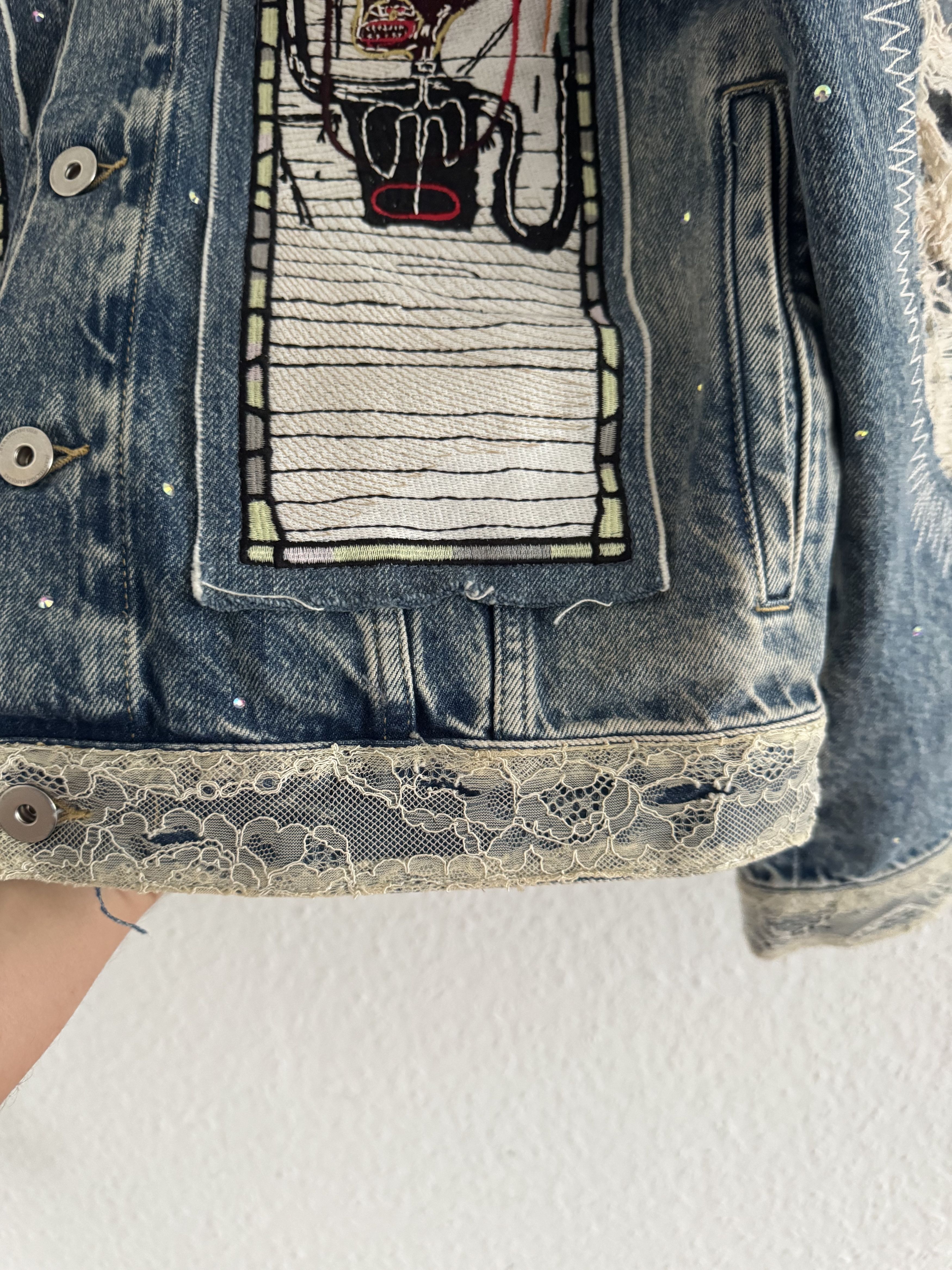 H&M × Jean-Michel Basquiat × Who Decides War Distressed Rhinestone Denim Jacket Size US XS / EU 42 / 0 - 8 Thumbnail