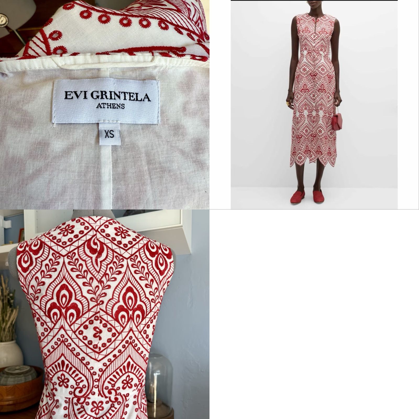 Vintage VINTAGE Evi Grintela Carine Sleeveless Embroidered Midi Dress Red White XS Size XS / US 0-2 / IT 36-38 - 8 Thumbnail