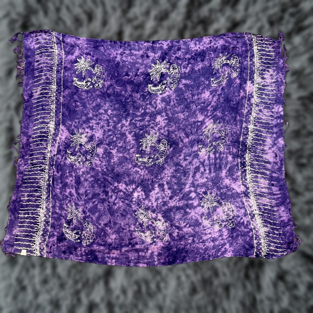 Vintage Simona Womens Shawl/Wrap One Size Purple Batik Fringe Seahorse Beach Hippie Boho Shawl Wrap Rectangle Scarf Summer 54in 43.5in Mens Womens Size ONE SIZE - 1 Thumbnail
