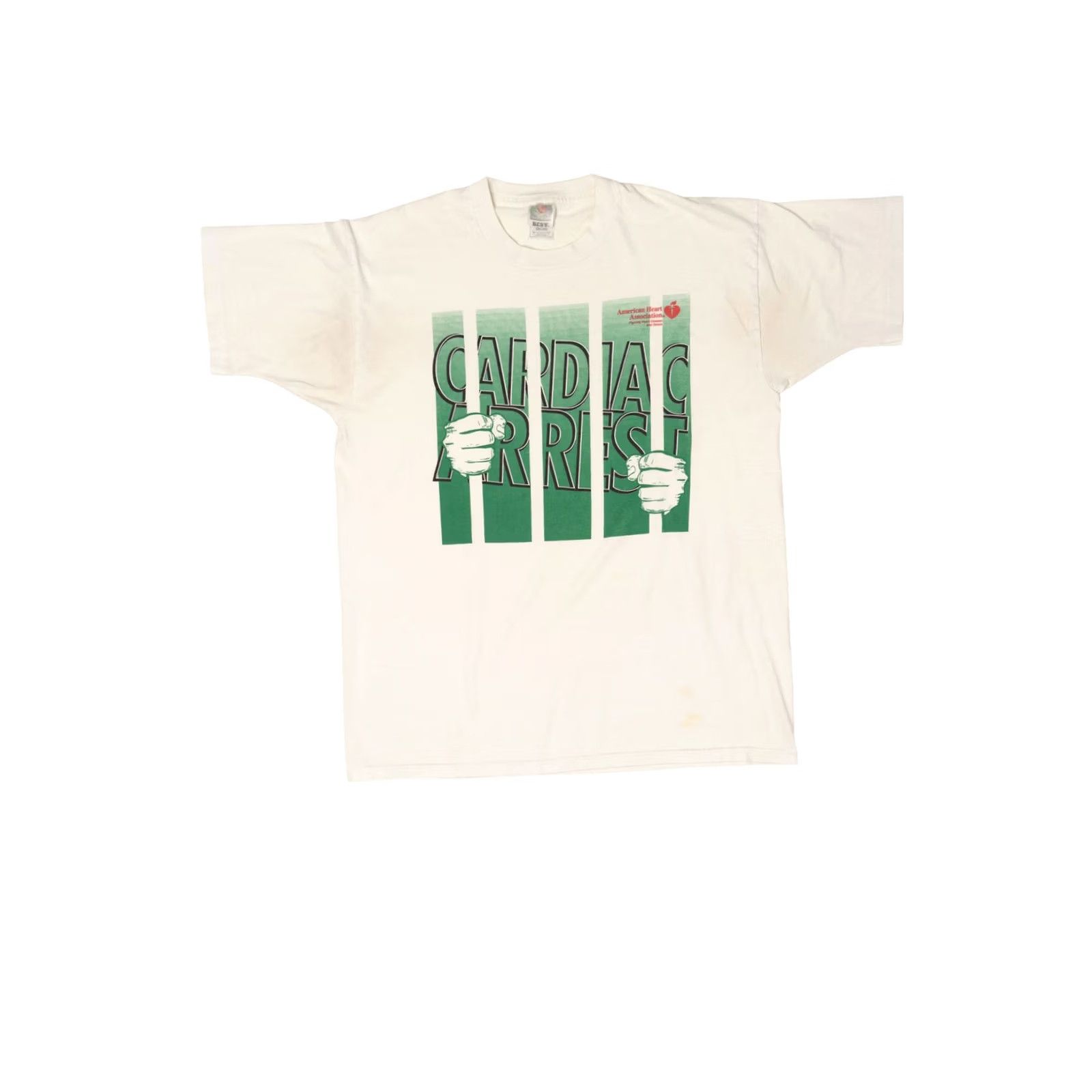 Fruit Of The Loom VINTAGE Cardiac Arrest T-Shirt American Heart Association 1990s White Unisex Adult X-Large Mens Womens Boys Girls Size US XL / EU 56 / 4 - 5 Thumbnail