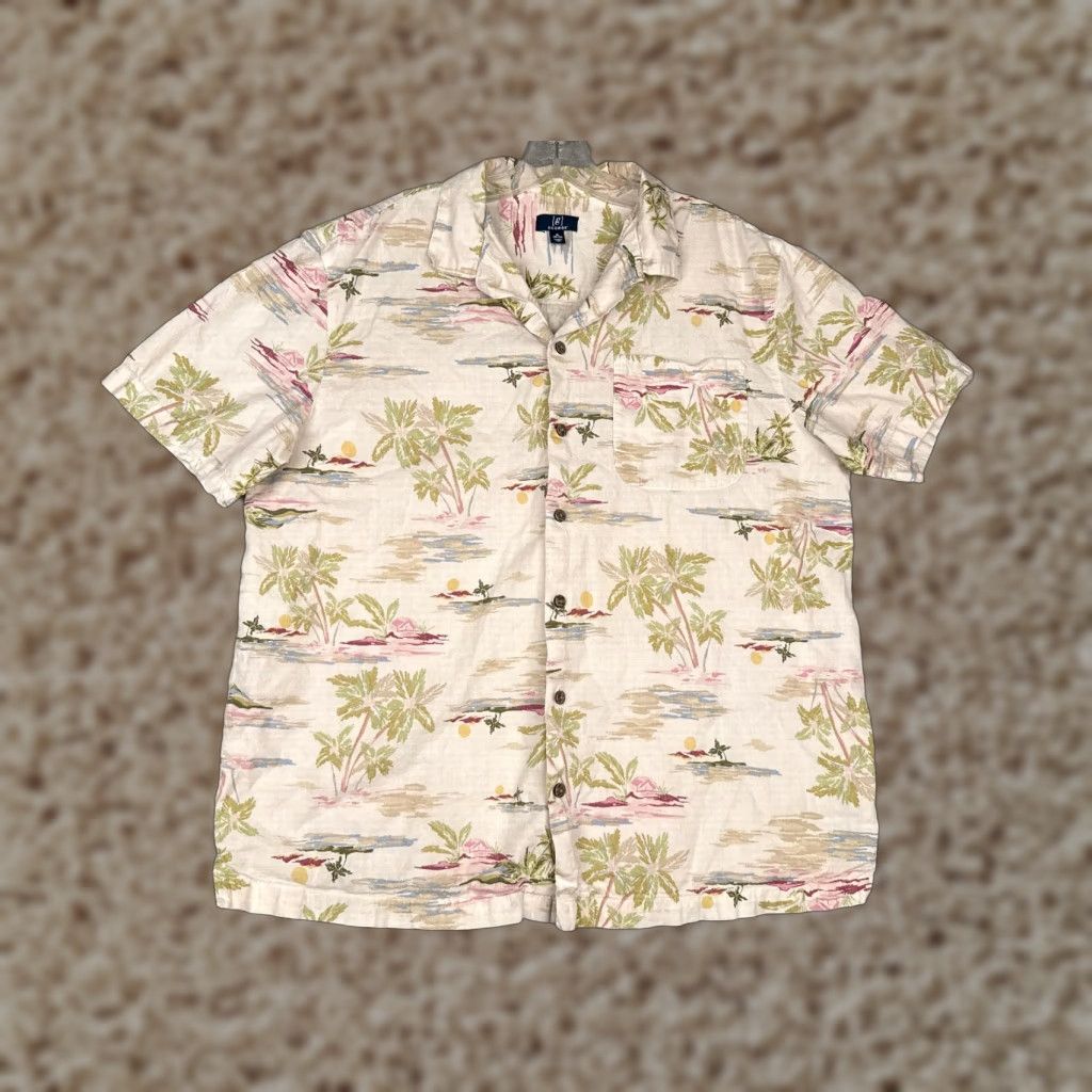 George George Shirt Adult XL Ivory Palm Hut Sunset Floral Hawaiian Cotton Blend Button-Up Casual Mens 90s Theme Size US XL / EU 56 / 4 - 1 Thumbnail