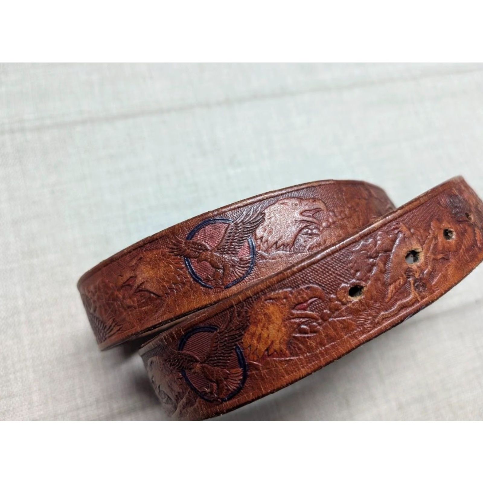 Vintage VINTAGE western belt leather Bald Eagle buckle handcrafted 38 Men Brown leather Western Belt 38 Mens Size 38 - 2 Thumbnail