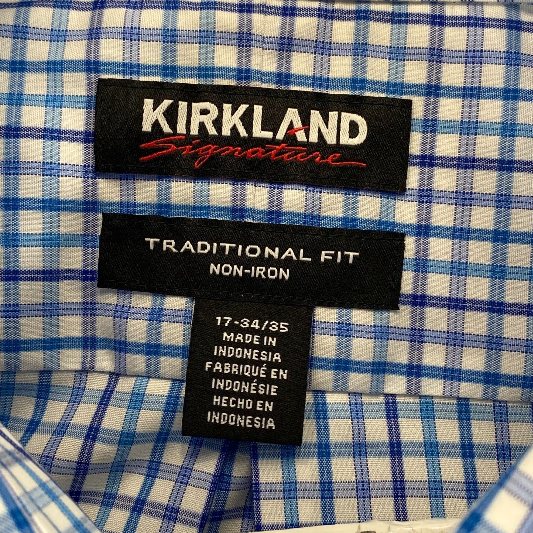 Vintage Kirkland Signature Mens XL 17 34/35 Non-Iron Dress Shirt Wrinkle Free NWT White/Blue Check 100% Cotton Button-Down Collar 17 Neck Size 46R - 7 Thumbnail
