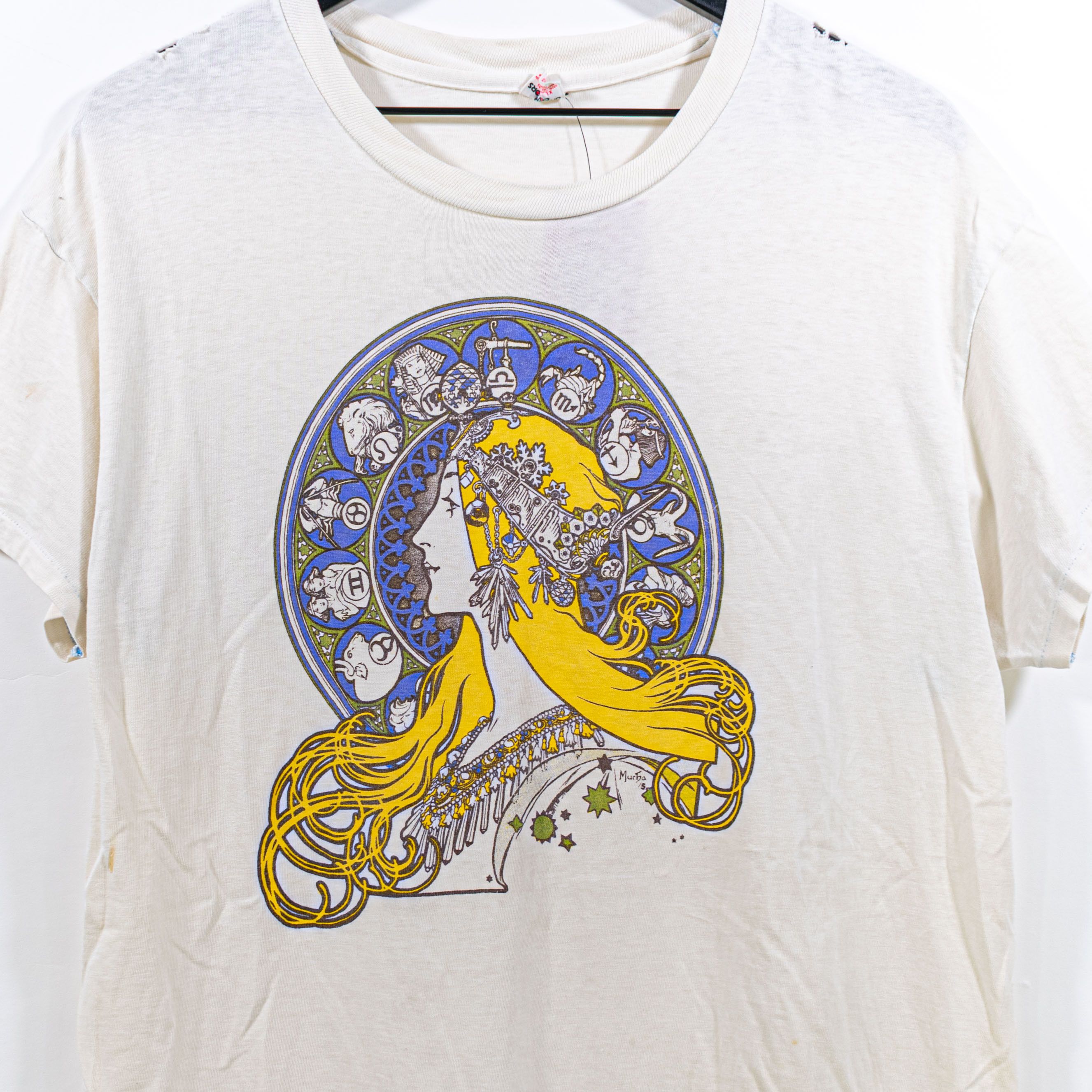 image of Archival Clothing x Vintage La Plume Zodiac Calendar Alphonse Mucha T-Shirt VTG Hippie in Beige (Si