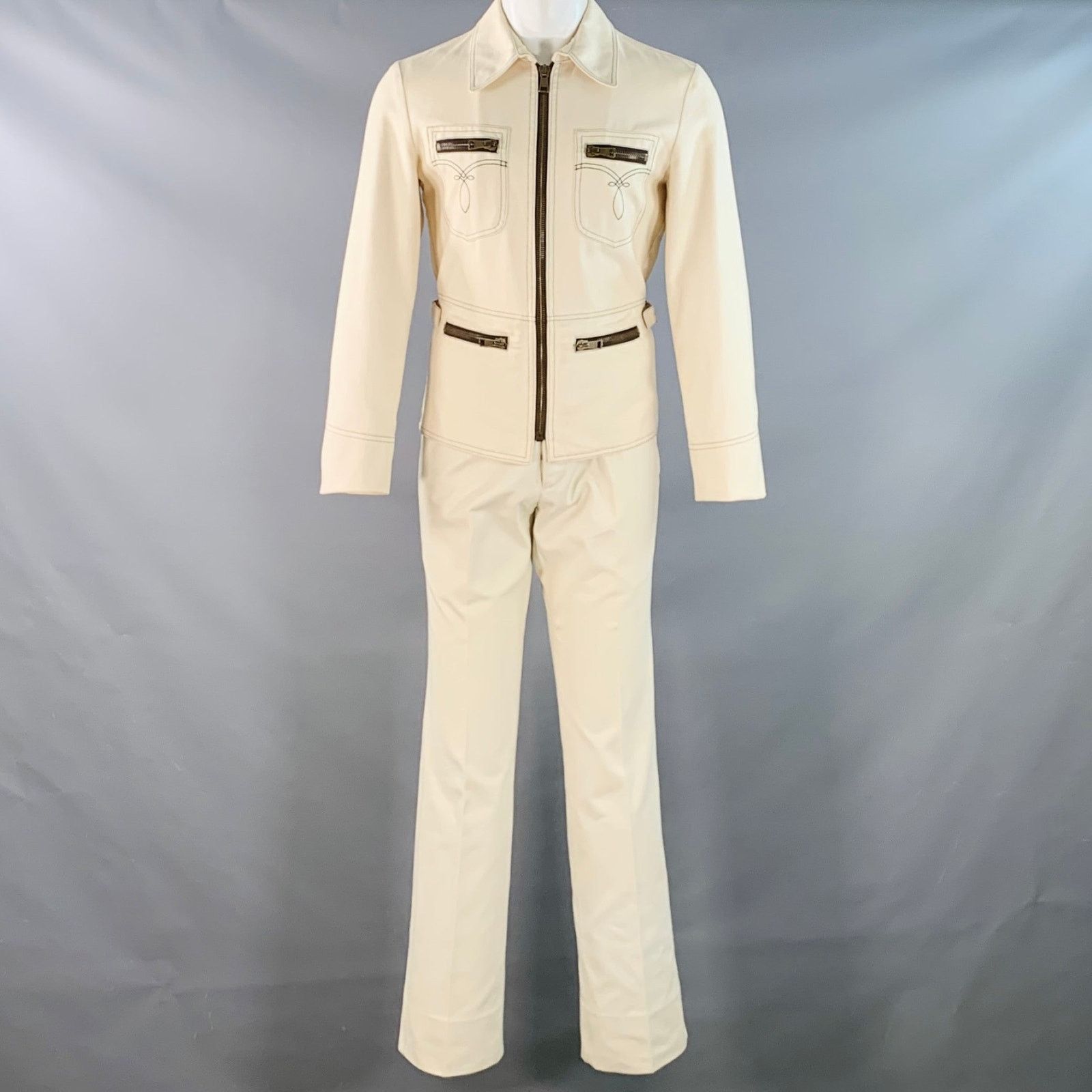 Gucci Size 36 Cream Contrast Stitch Cotton Western Zip Up Suit Size 36R - 3 Thumbnail