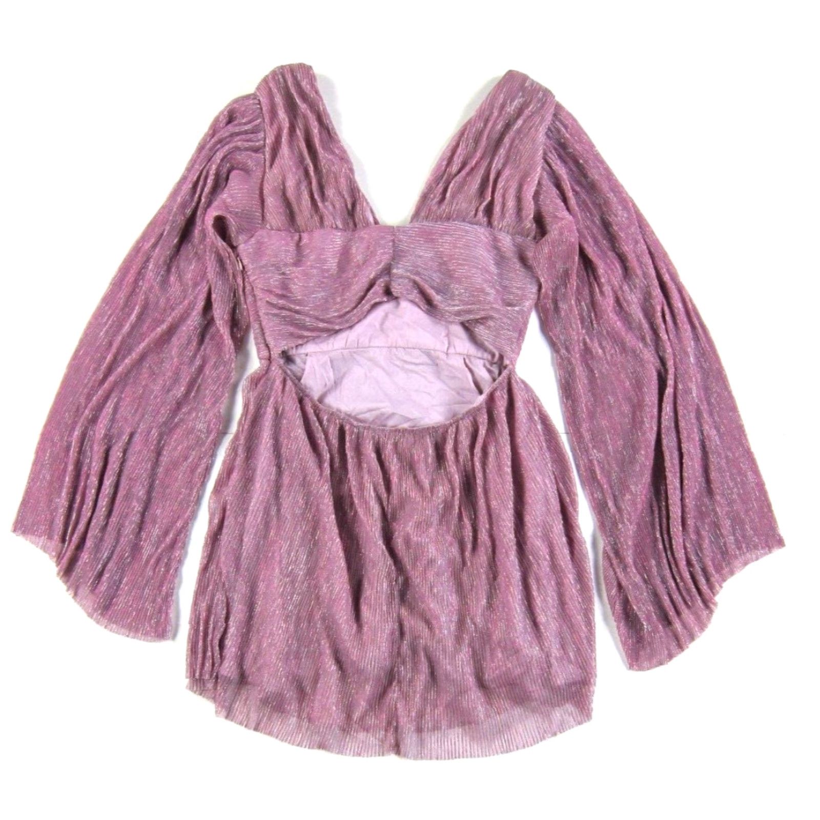 Alife AEL Amy Enjoy Life Pink Shimmery Sparkle Dress – Long Flare Sleeve V-Neck, Large, Women, Polyester, Short Length Size L / US 10 / IT 46 - 2 Thumbnail