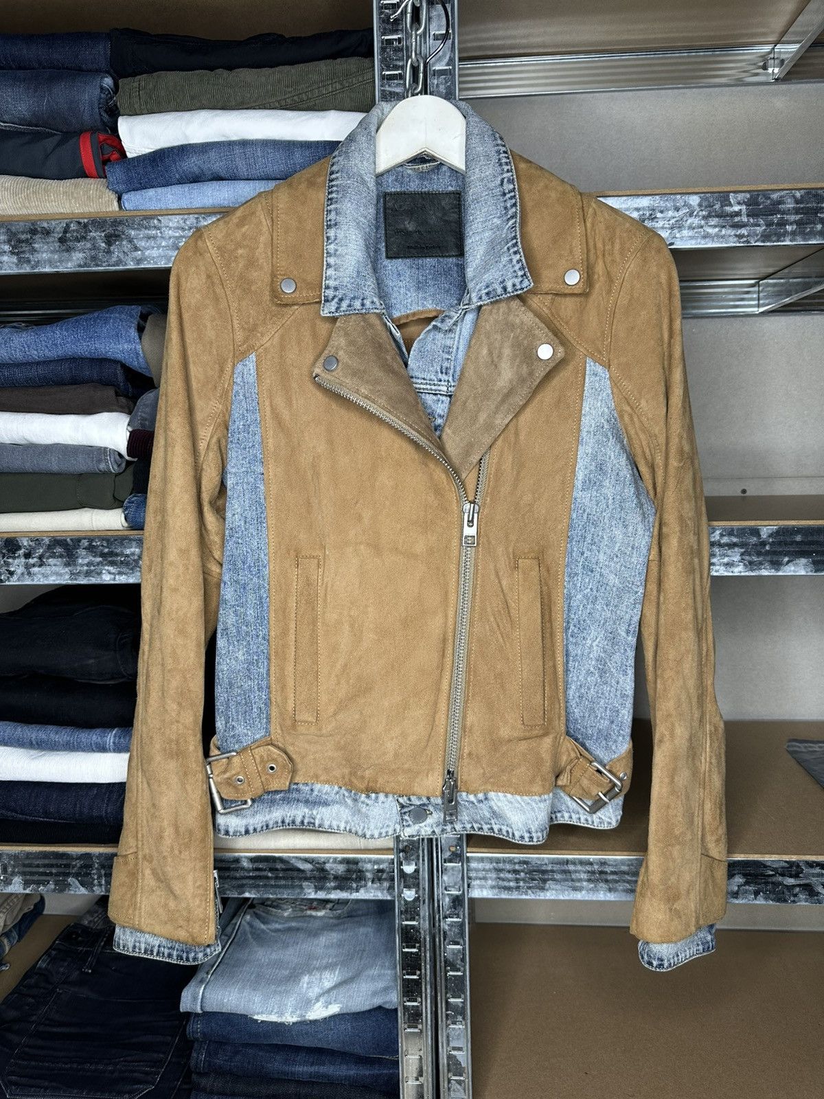 AllSaints Suede Denim Biker Jacket Goat Leather Moto US 10