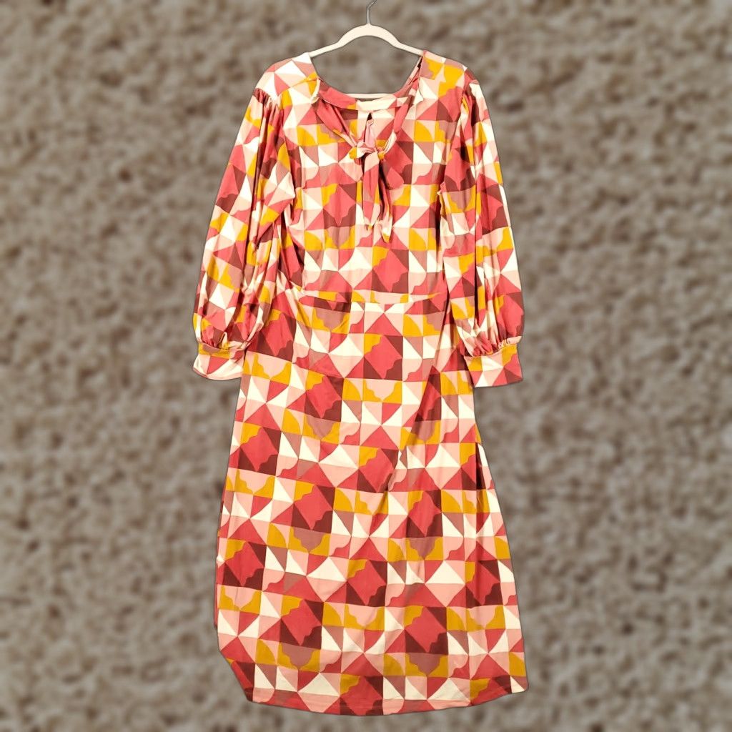 Vintage Eloquii Maxi Dress Women's 16 Orange White Red Geometric Knit Long Sleeve Round Neck Keyhole Neck Stretch Pullover Casual Travel Party/Cocktail Size XXL / US 16-18 / IT 52-54 - 1 Thumbnail
