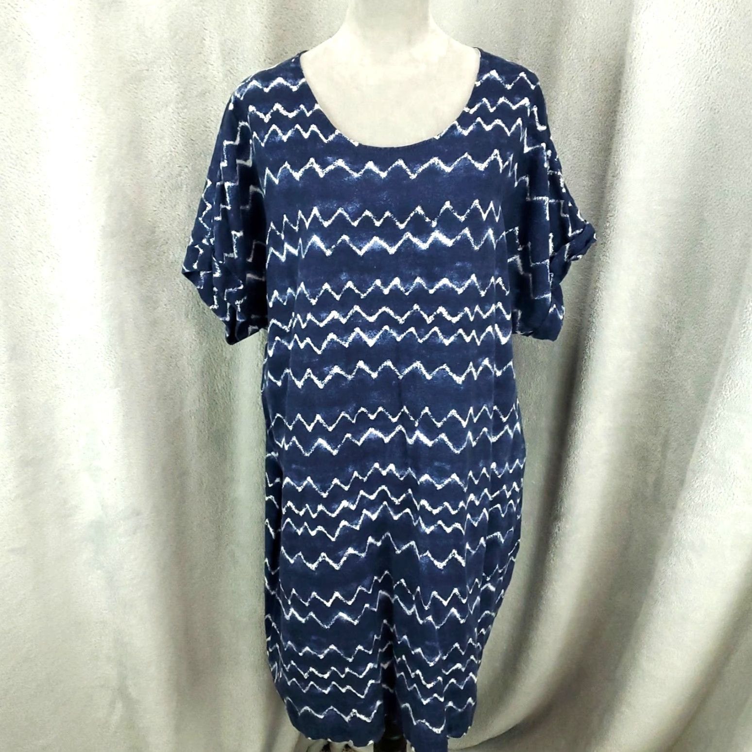 Old Navy Womens Linen Dress 2XL Blue Zig Zag Stripes XXL Pullover Shift Comfort Shirt Dress Womens Casual Beach Vintage Old Navy Classic 90s? Size XXL / US 16-18 / IT 52-54 - 2 Thumbnail
