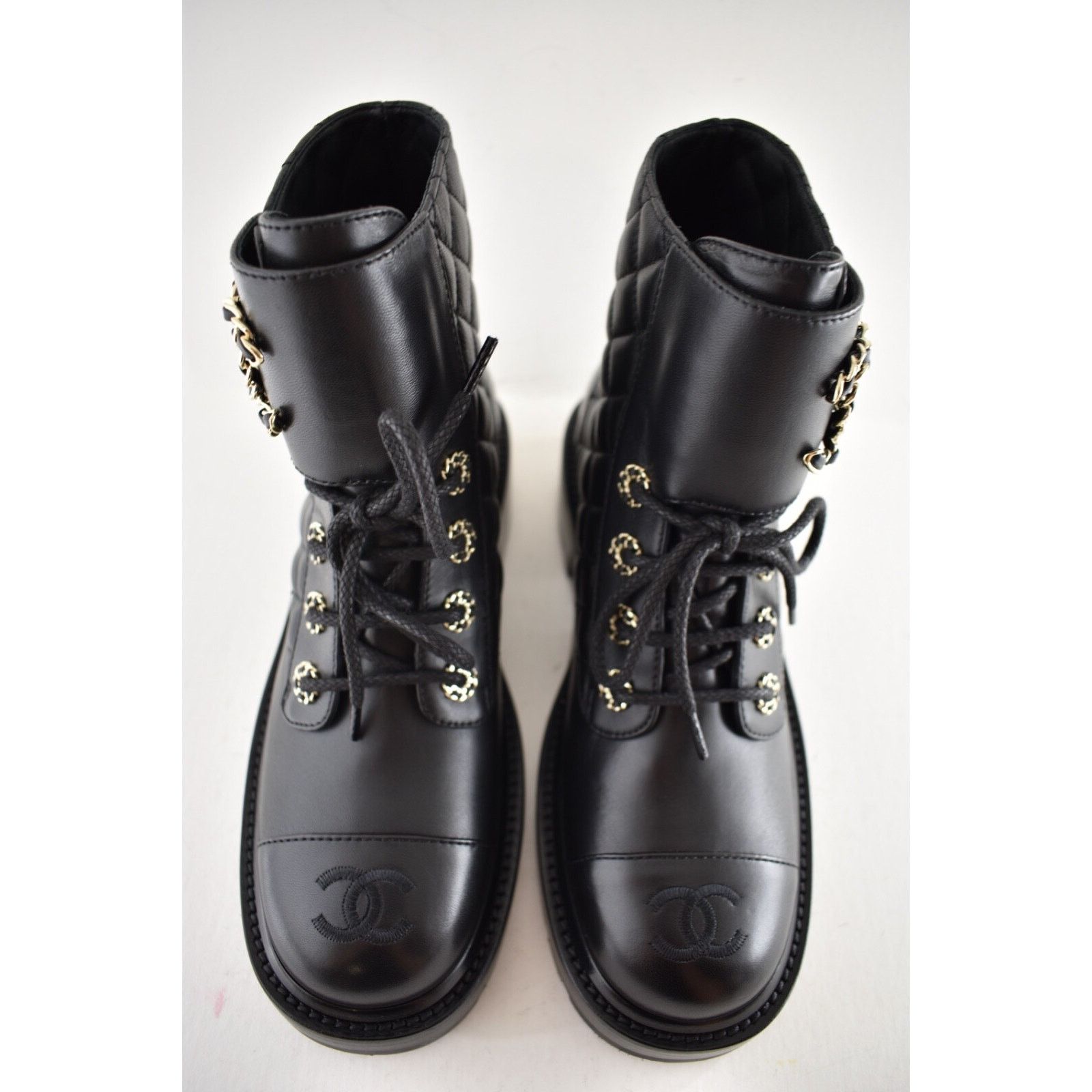 Chanel Chanel 21A Black Quilted Gold CC Chain Combat Lace Up Size US 10 / IT 40 - 11 Thumbnail