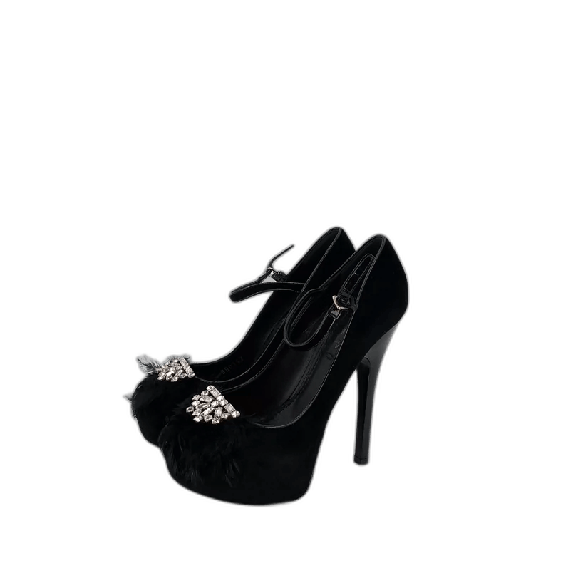 Louis Vuitton Black Fur Trimmed High Heels with Diamonds Size US 6 / IT 36 - 1 Thumbnail