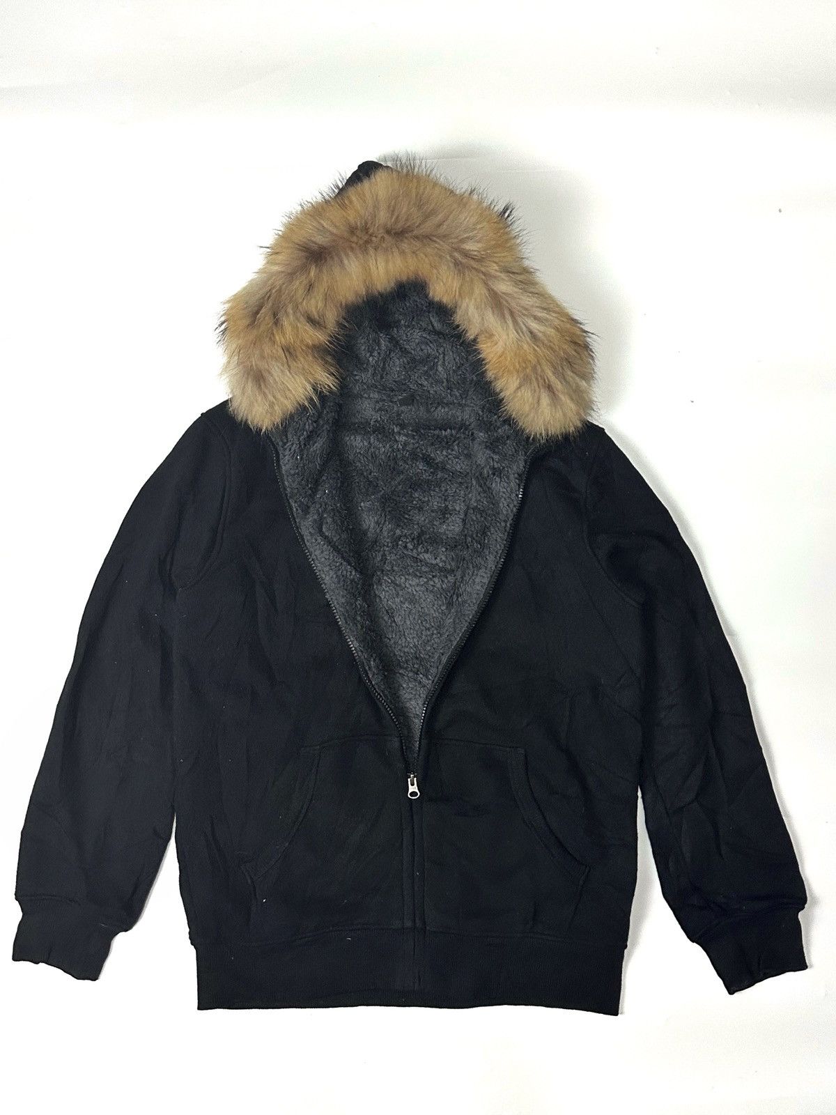 Fur zip hoodie black style uniqlo