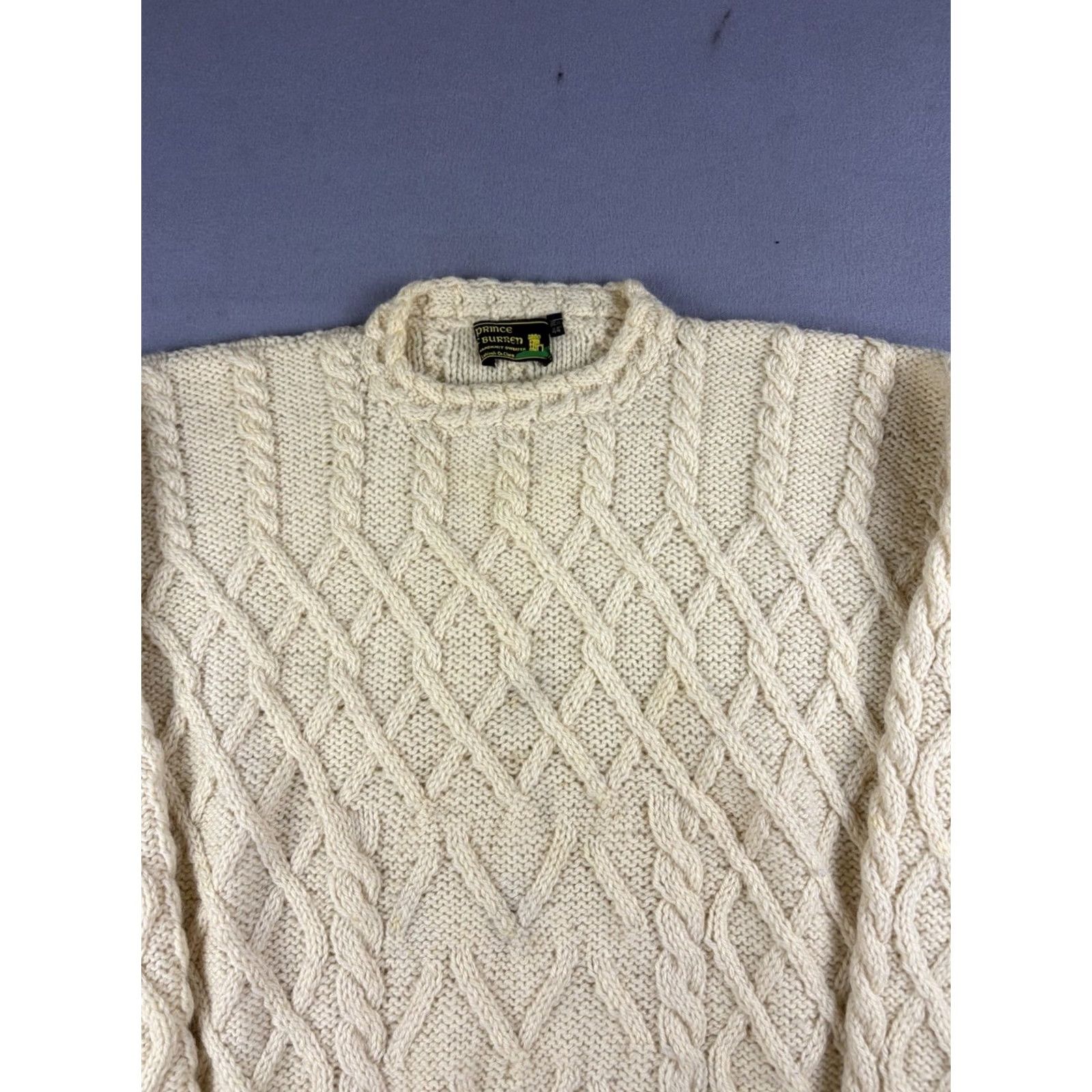 Prince VINTAGE Prince of Burren Irish Aran Handknit Sweater Men’s 44 Cream Wool 90s Crew Neck Pullover Beige Wool Mens Size US XXL / EU 58 / 5 - 2 Thumbnail